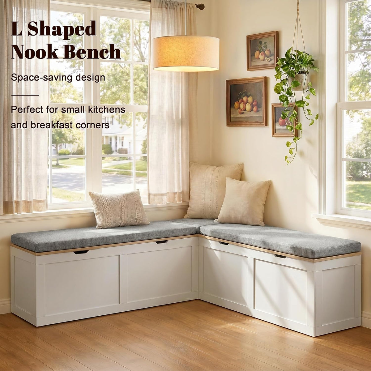 Mangodan 63” Breakfast Nook Bench, L Shaped Storage Bench with Cushion, Oak