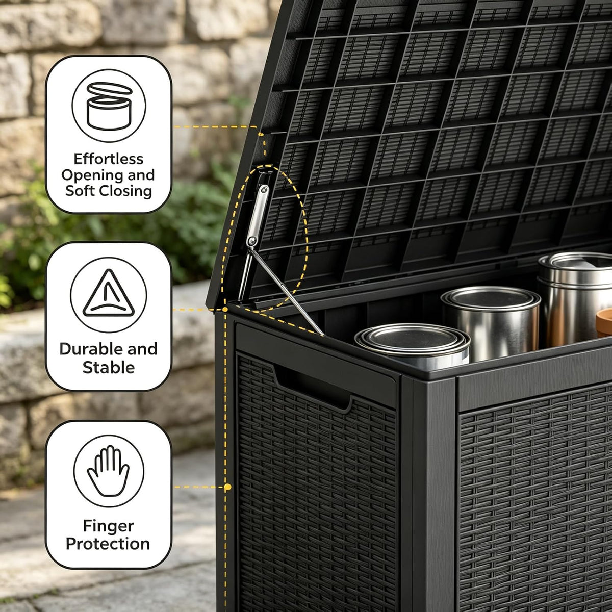 140 gal outdoor storage box waterproof lockable,deck box,gas, close-up detail