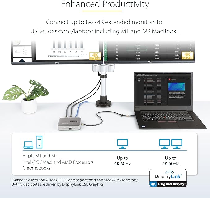 StarTech.com 7-in-1 USB C DisplayLink Dual Monitor Docking Station, 4K 60Hz