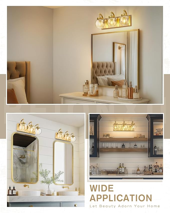 Beionxii Bathroom Vanity Light, 3-Light Brushed Gold Bathroom Light Fixtures