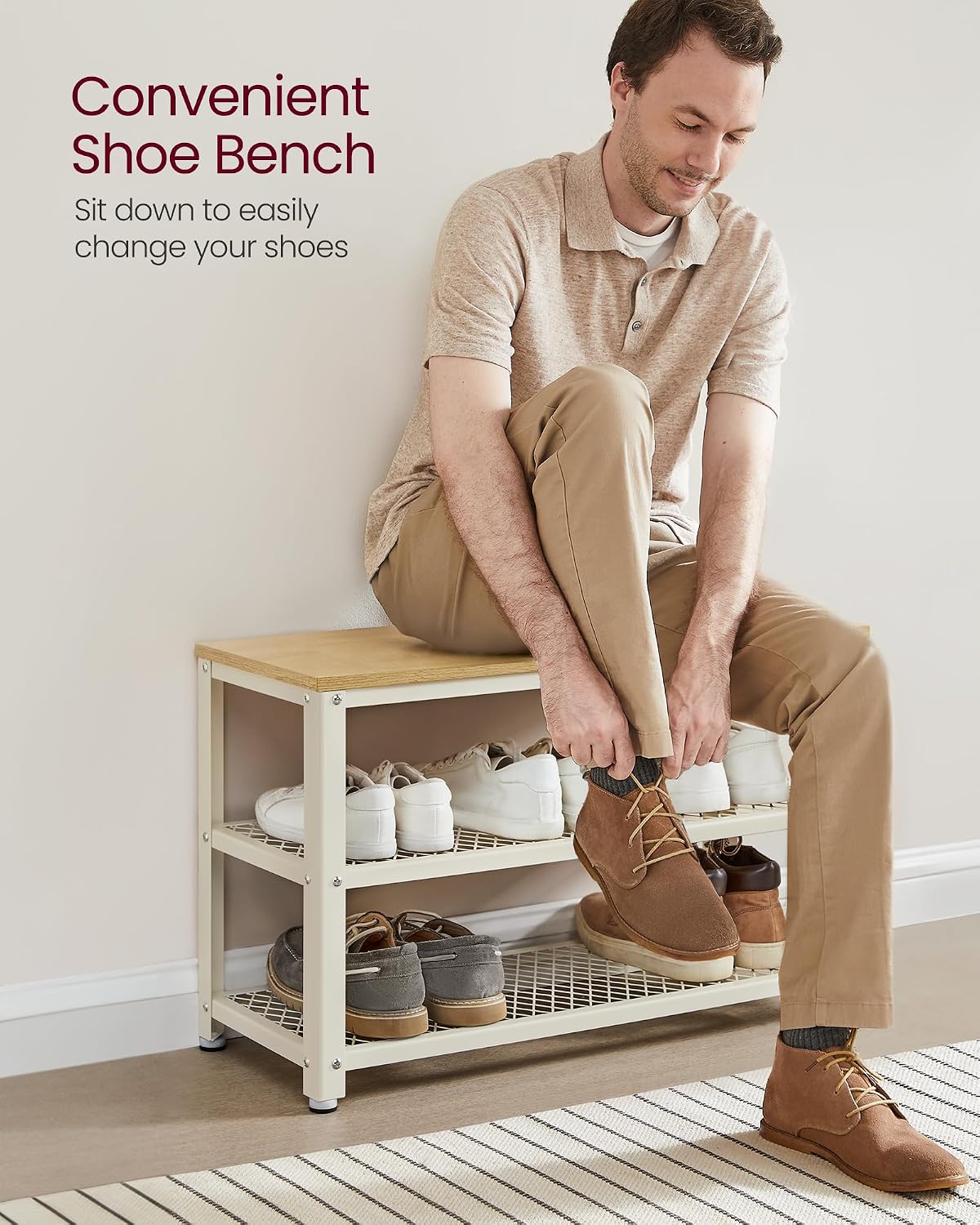 vasagle 3-tier shoe rack, storage bench with metal, side view