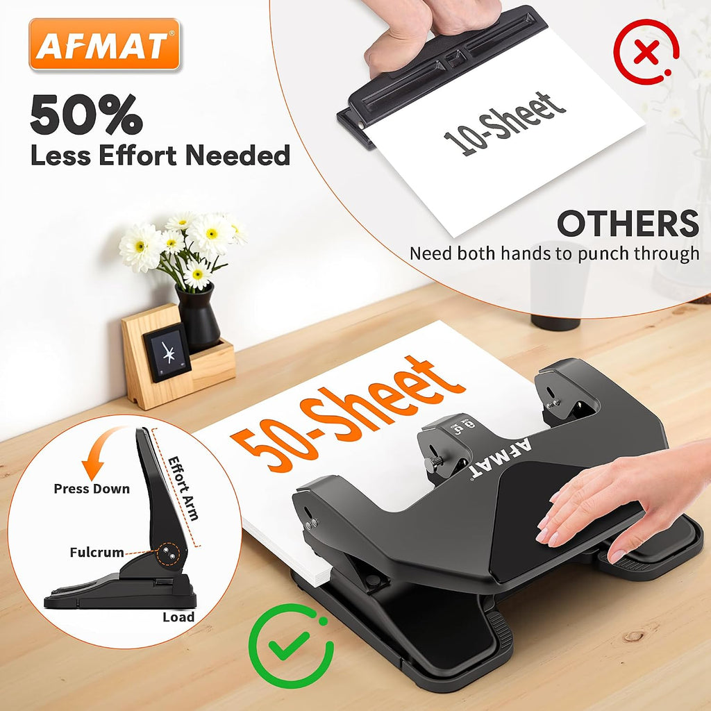 AFMAT Heavy Duty 3 Hole Punch, 50-Sheet Capacity, 50% Reduced Effort Three Hole Puncher for Binder, 10K+ Uses, Large Chip Tray, Adjustable Paper Guide, Office Metal Paper Puncher 3 Ring HP20(Black)