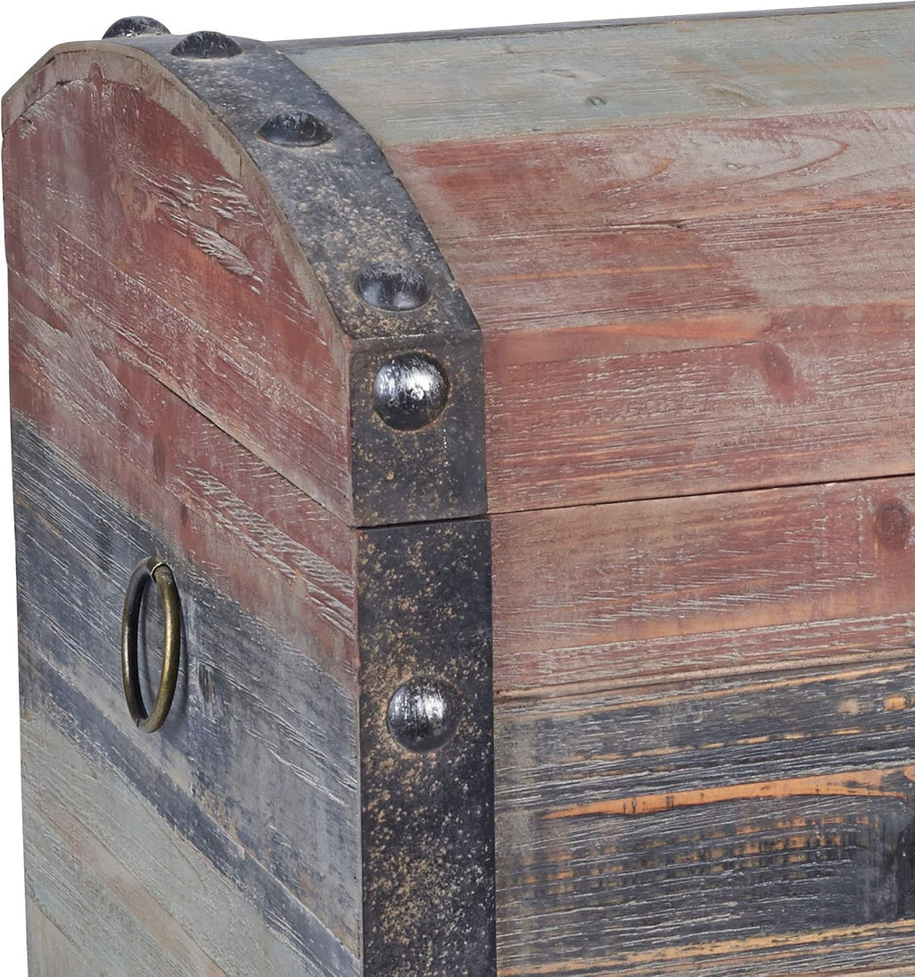 household essentials large wooden storage trunk, weathered wood showing dimensions