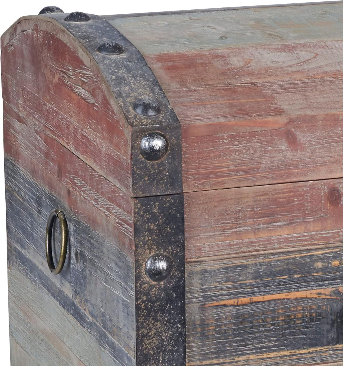 household essentials large wooden storage trunk, weathered wood showing dimensions