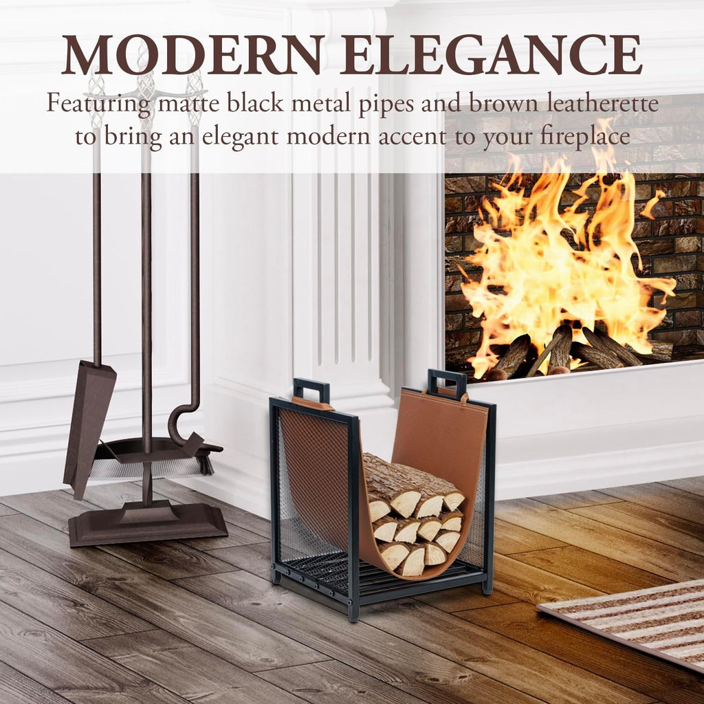 mygift black metal firewood stand with brown sling shown in use