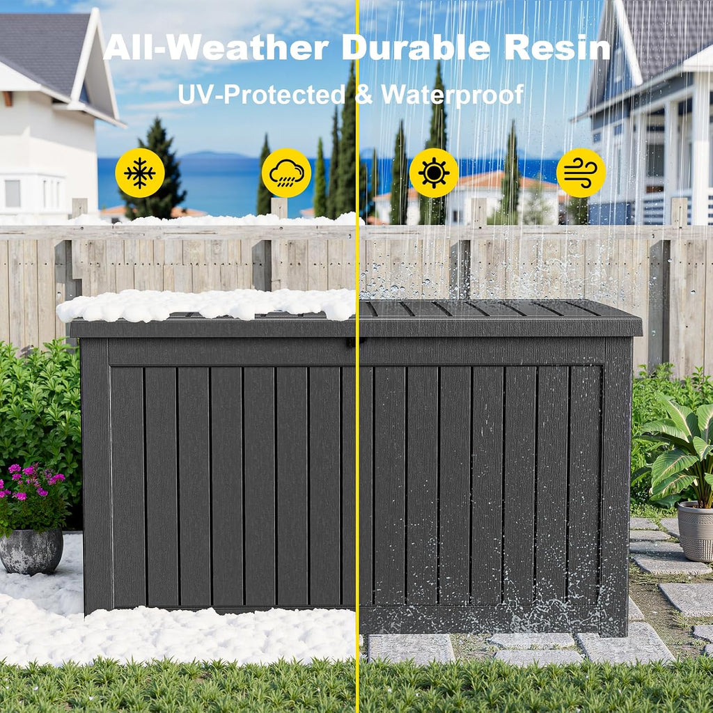 drato 280 gallon outdoor storage box waterproof, resin on a desk or shelf