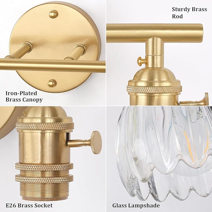 Shenmoyl Bathroom Light Fixtures, 2-Light Brass Vanity Wall Light Over Mirror