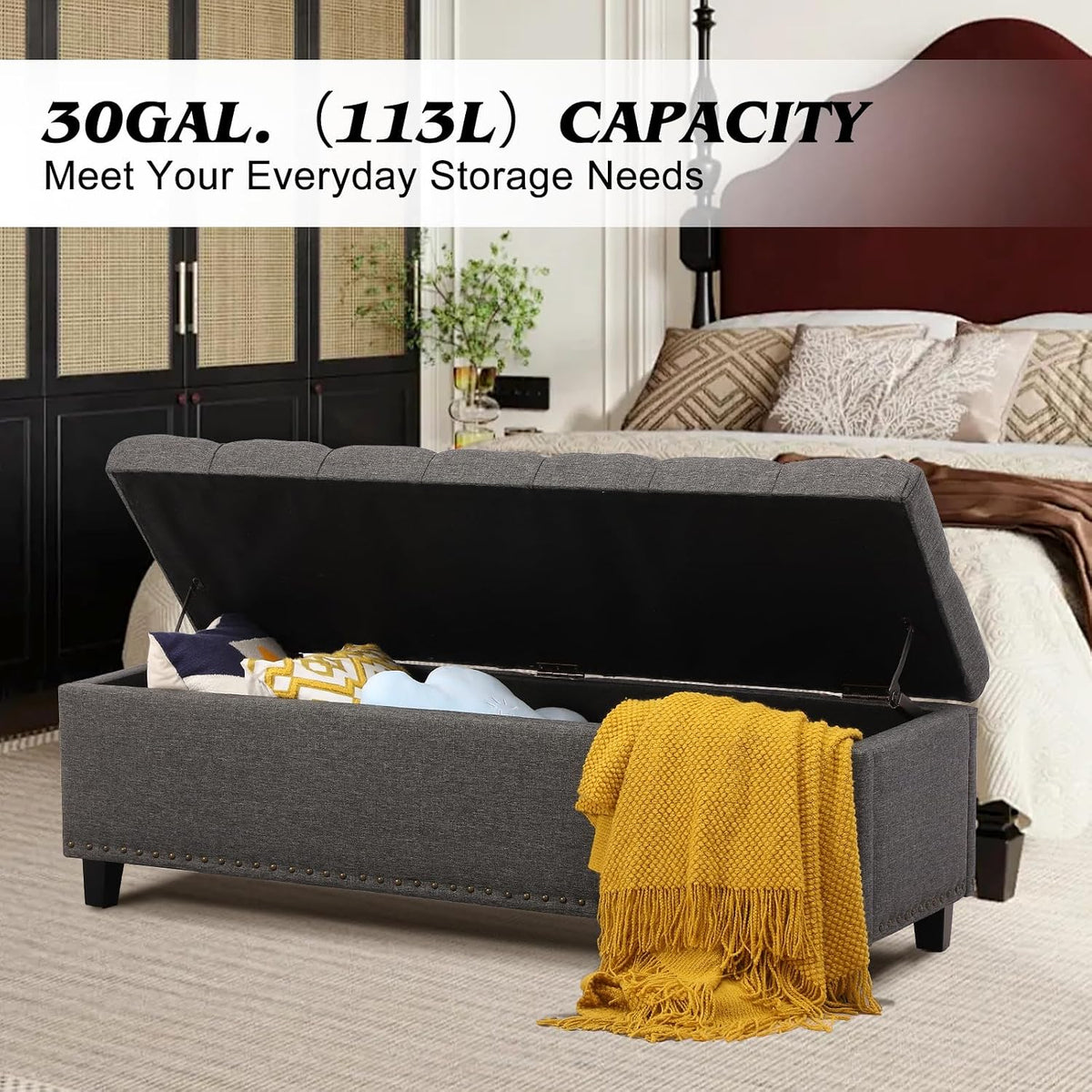 51" storage bench for bedroom, tufted storage ottoman showing dimensions