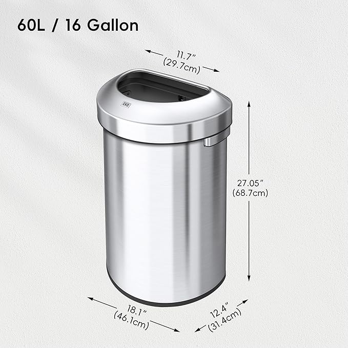 EKO Urban 16 Gallon Semi-Round Open Top Waste Bin, Stainless Steel Half Round