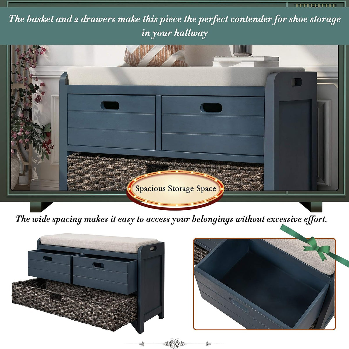 p purlove wood storage bench with removable basket on a desk or shelf