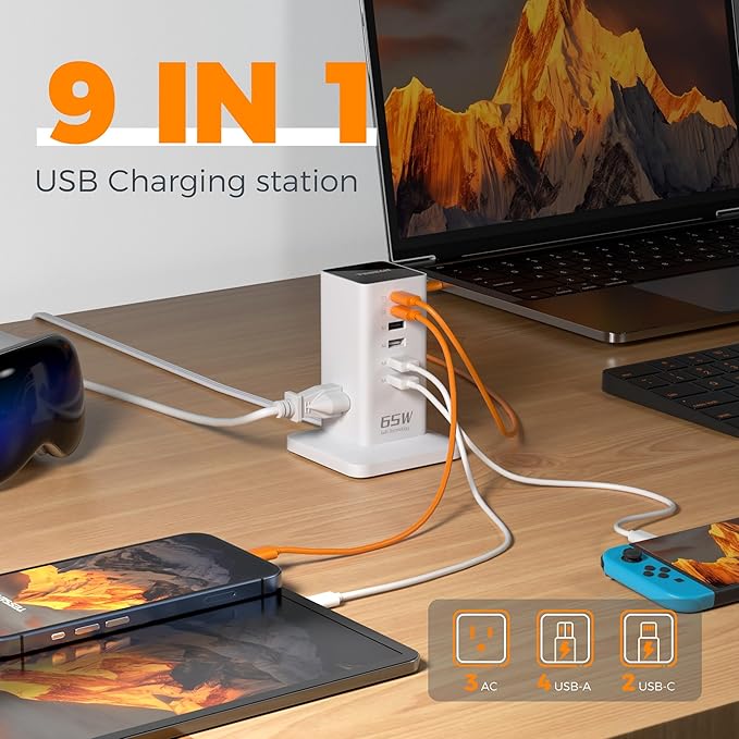 USB Charging Station for Multiple Devices PD 65W, TESSAN 9-in-1 USB C Charger
