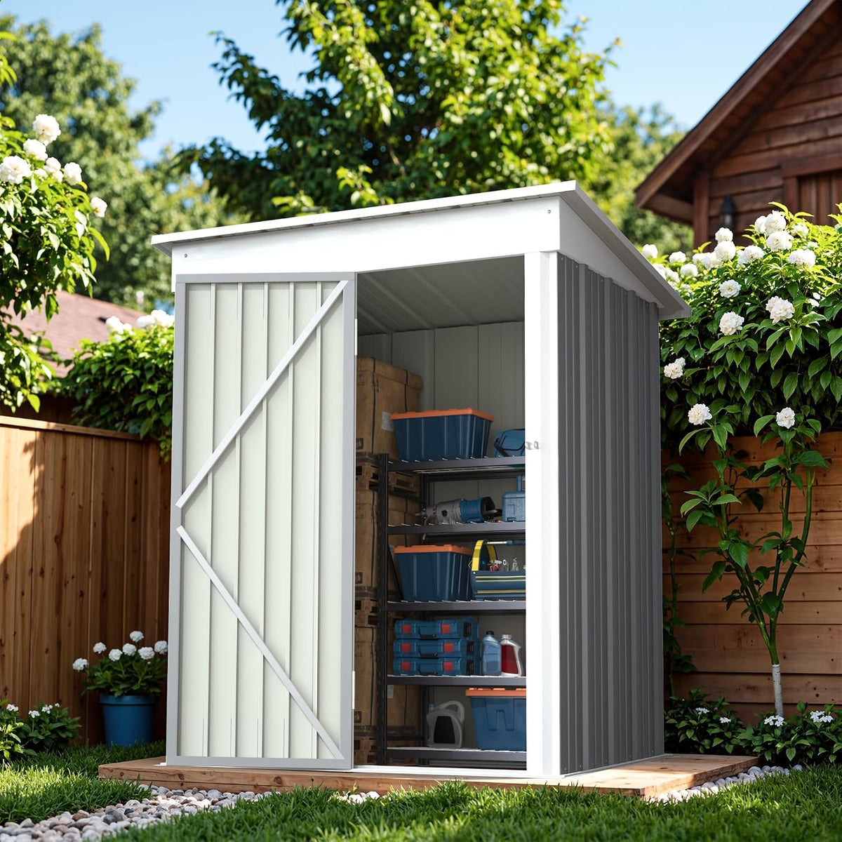 greesum outdoor storage shed 5 x 3 ft. shown in use