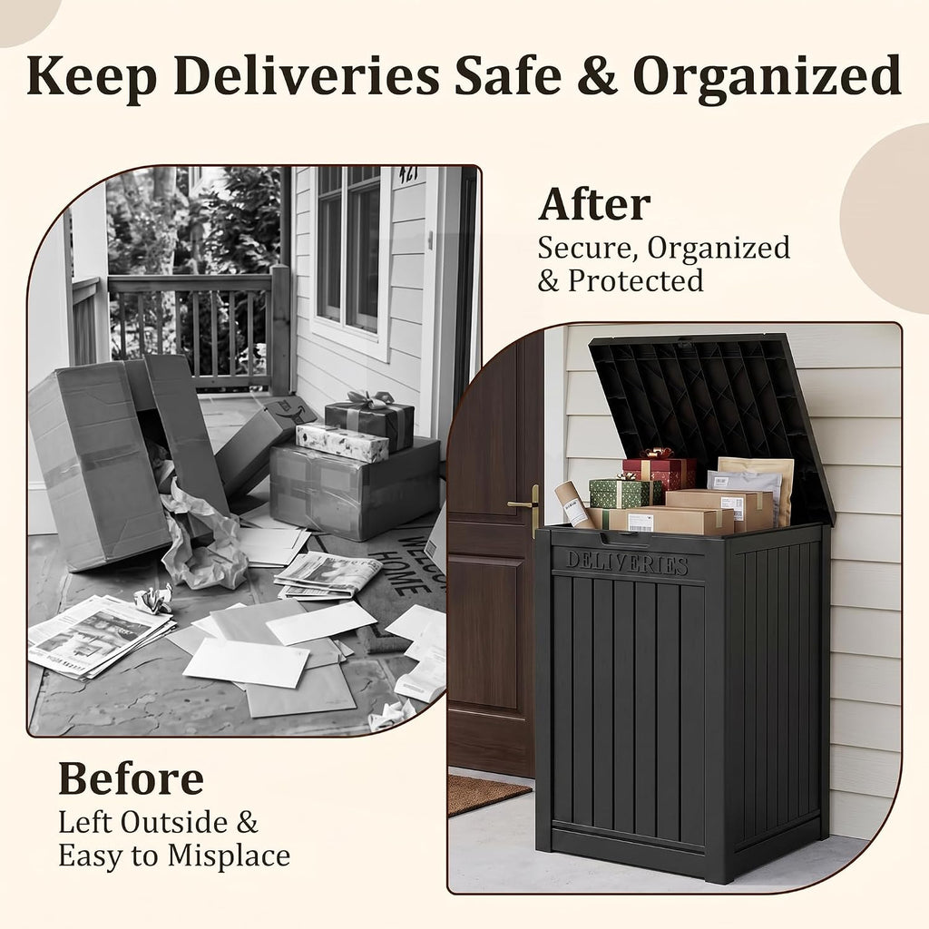 package delivery boxes for outside, deck storage box shown in use