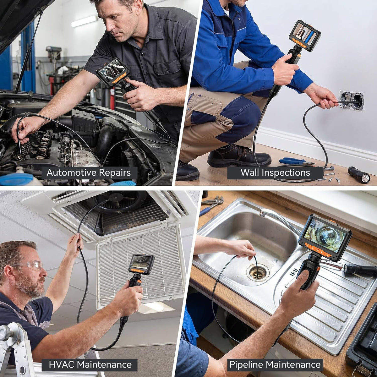 two-way 210° articulating borescope, 4.3" 1080p endoscope camera on a desk or shelf