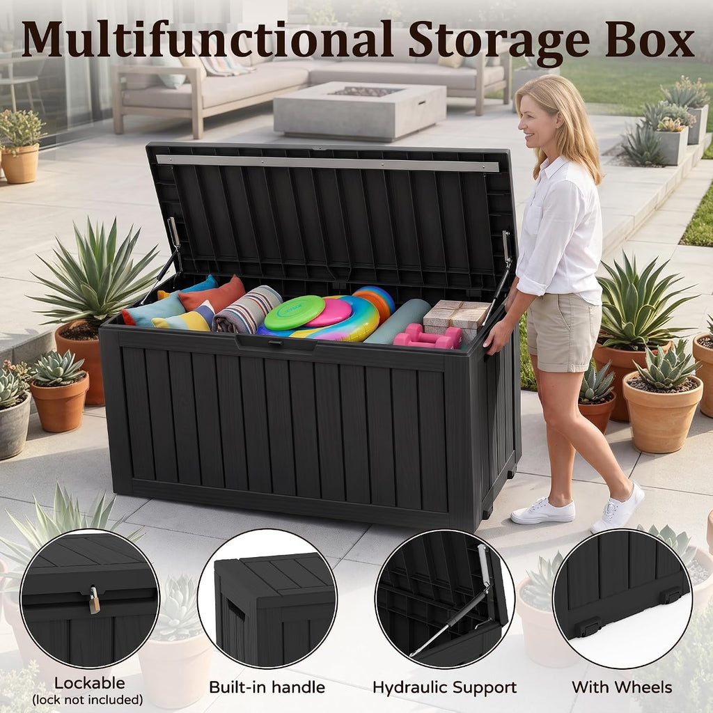 120gal outdoor storage box,weatherproof deck box with wheels,black, close-up detail