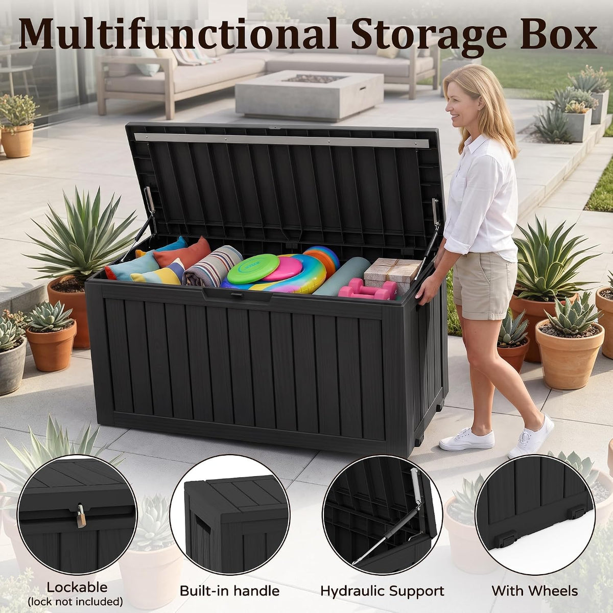 120gal outdoor storage box,weatherproof deck box with wheels,black, close-up detail