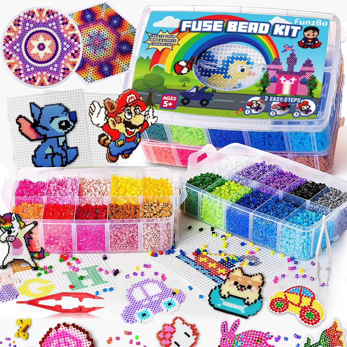FUNZBO 23000 5mm Fuse Beads Kit for Craft Gifts - 22 Colors | 106 Patterns