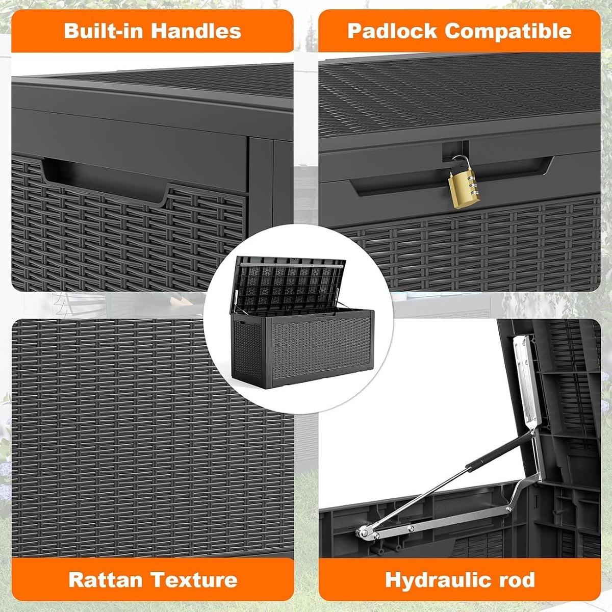 patiozen 120 gallon deck box outdoor, weatherproof resin, close-up detail
