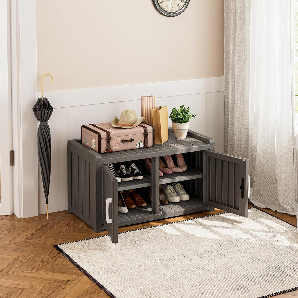 2-tier storage bench, waterproof uv-resistant outdoor shoe storage showing dimensions