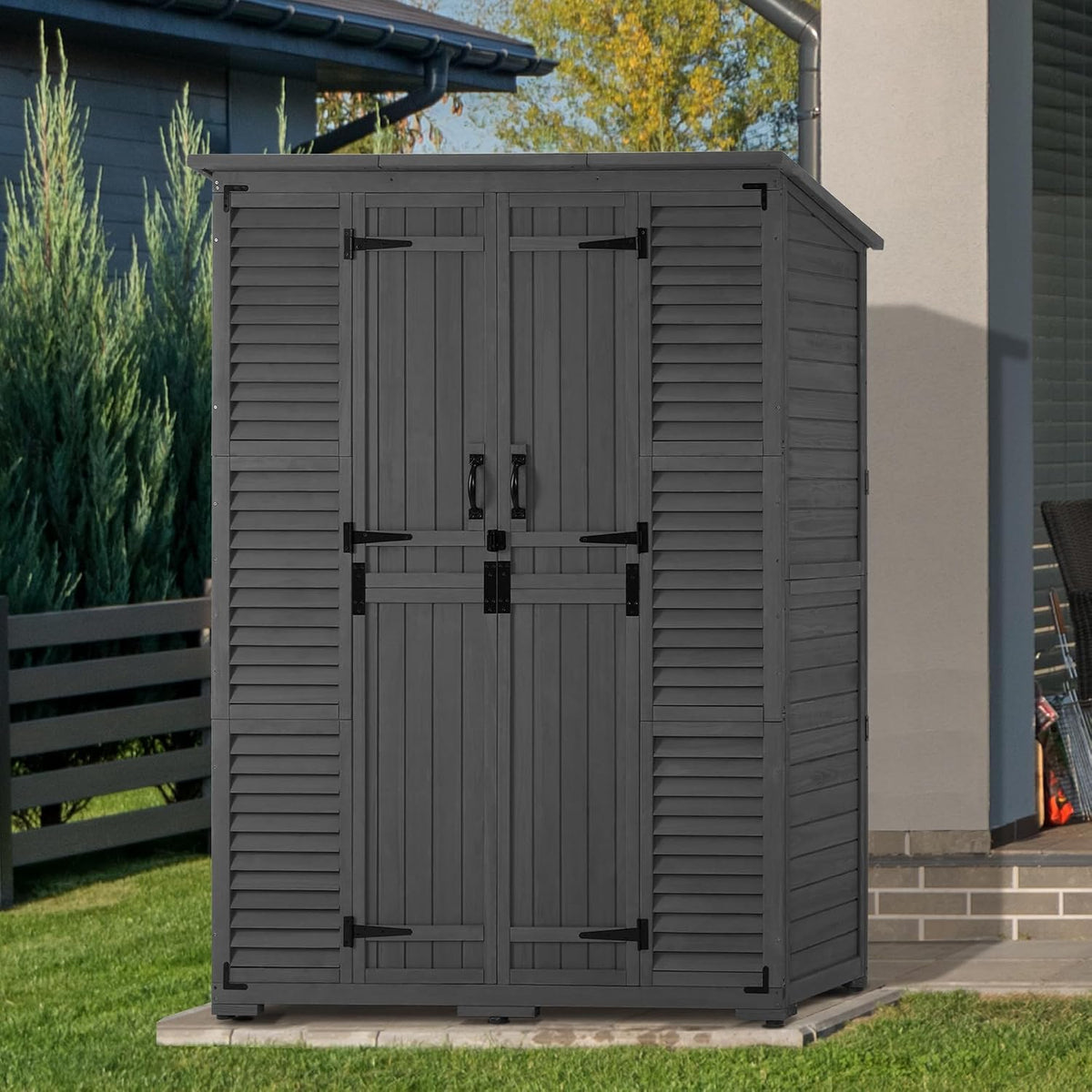 macrout outdoor storage cabinet with shelves, wood garden, close-up detail
