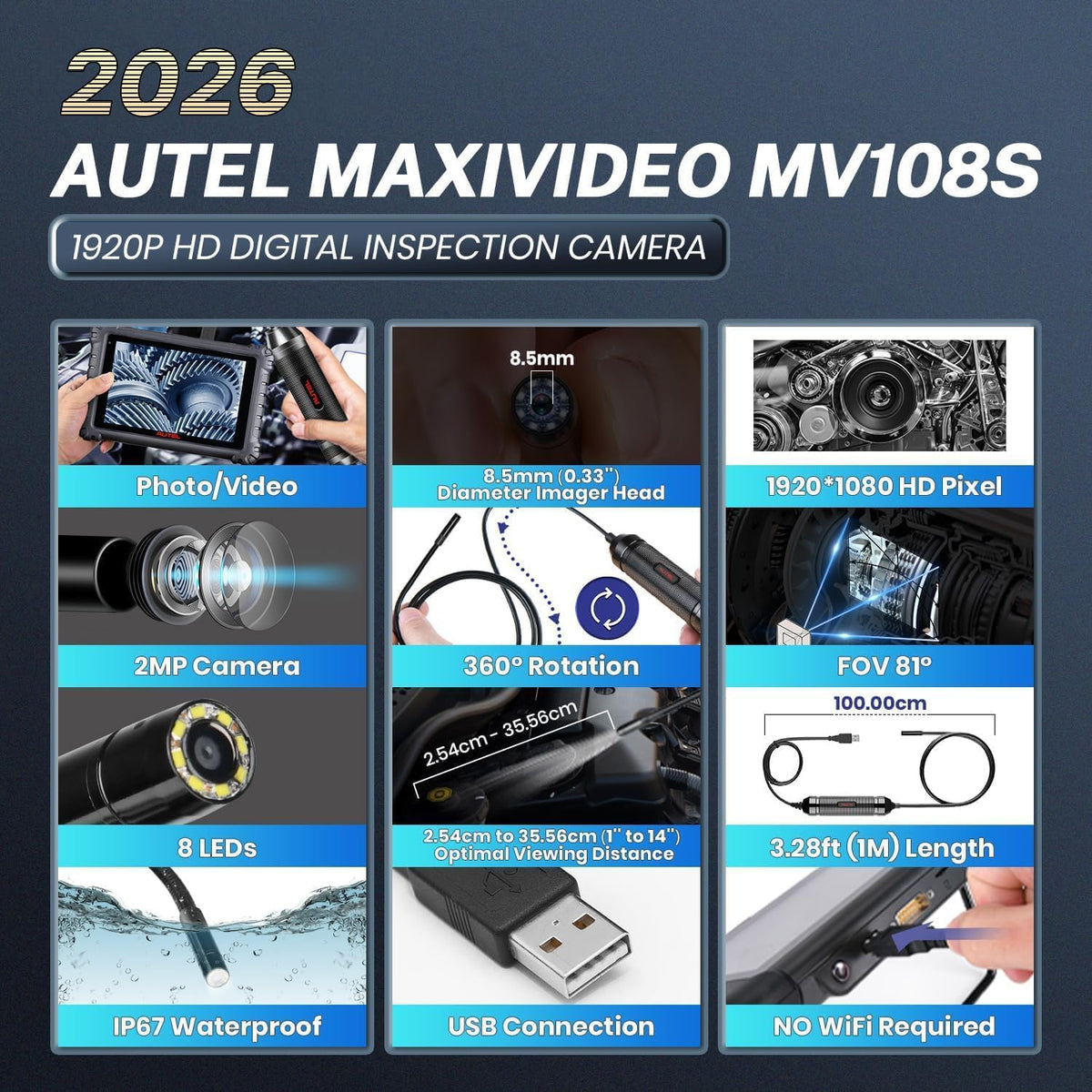 autel maxivideo mv108s digital inspection camera, 2026 newer, close-up detail