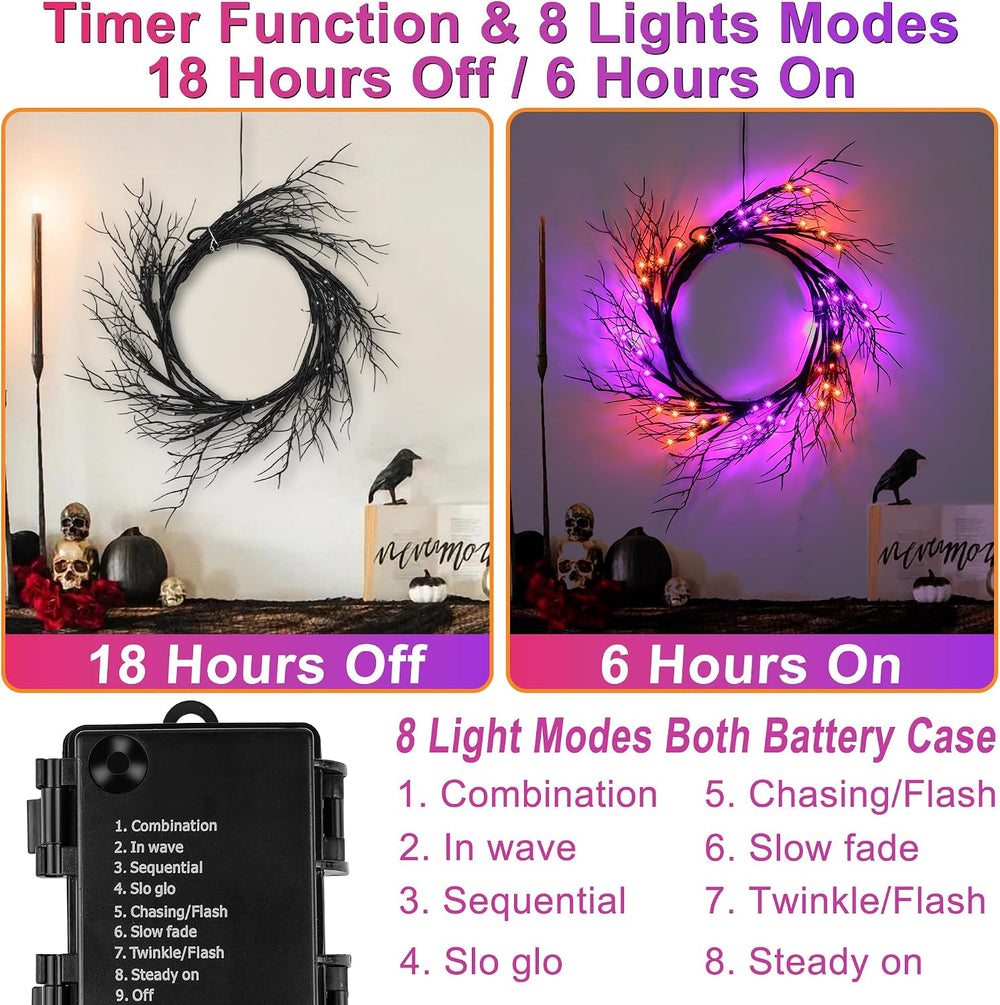 9 FT 72 LED Willow Vine Twig Decor Black Halloween Garland with Orange Purple...