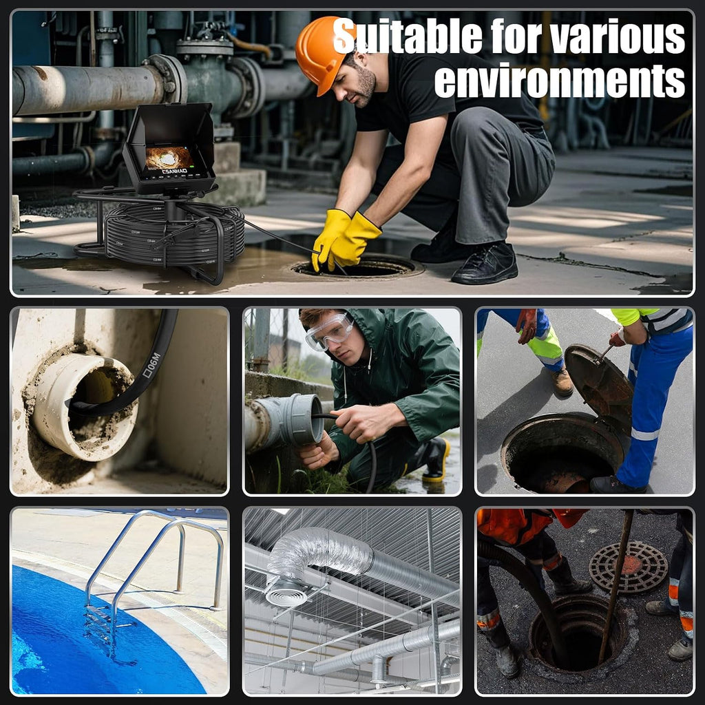 sewer camera 100ft for pipe inspection with dvr on a desk or shelf