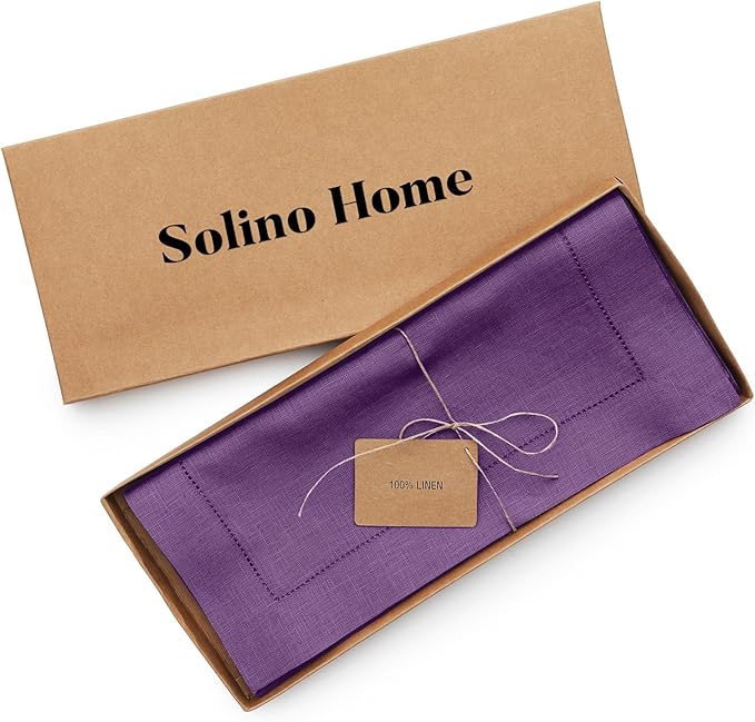 Solino Home Linen Purple Table Runner 36 Inches - Classic Hemstitch, 100% Pure Linen Coffee Table Runner 14 x 36 Inch Ideal for Dresser Tables - Fall, Autumn, Halloween, Thanksgiving, Holiday