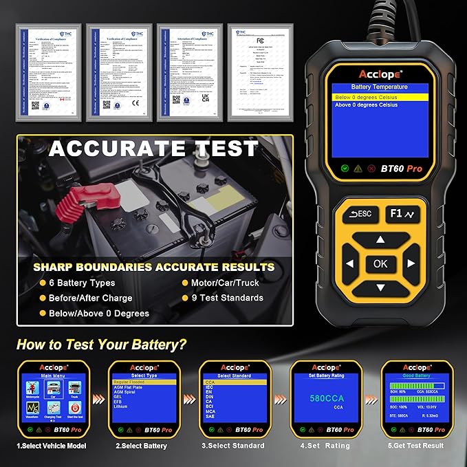 Acclope BT60 Pro Car Battery Tester, Digital Analyzer