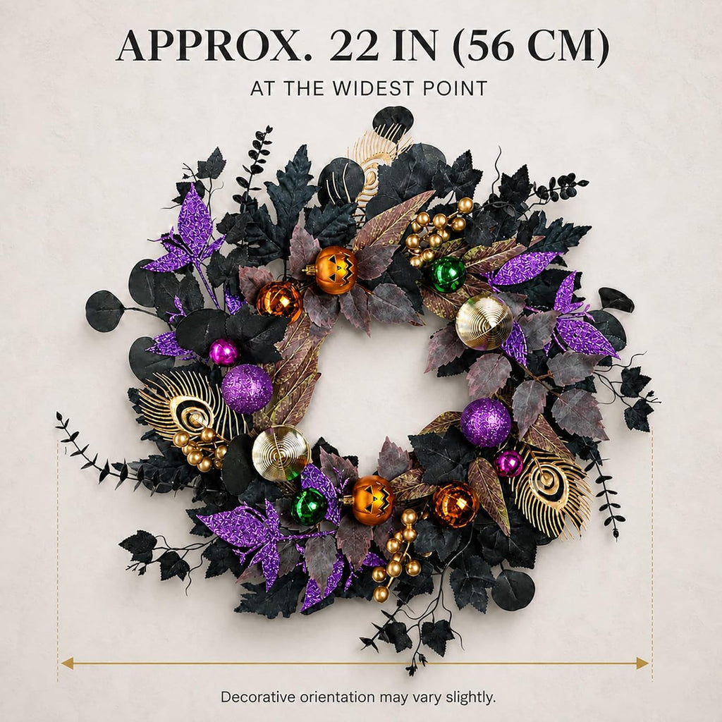 22-Inch Black and Purple Halloween Wreath for Front Door with Light String