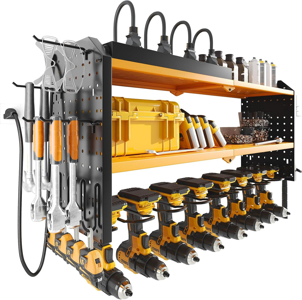 Warome Tool Organizer with Charging Station, Power Tool Rack Wall Mount with 8-Outlet Power Strip, Tool Storage for Garage with 8 Cordless Drill Holders, Battery Utility Shelf in Yellow