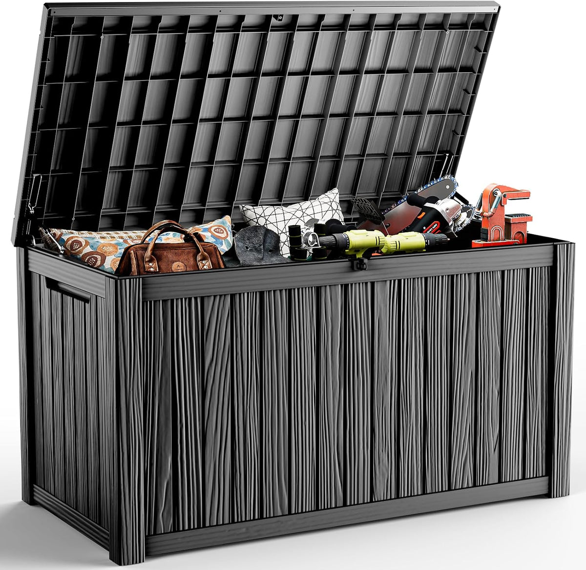 200 Gallon Outdoor Storage Box Waterproof, Resin Lockable Deck Box with Lid, Large Capacity Weatherproof Container for Patio Furniture Pool Accessories, Side Table(Black, 200 Gallon)