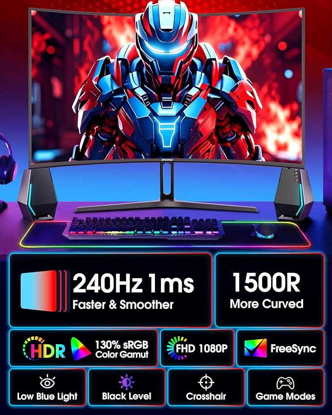 SANSUI 27 Inch Curved 240Hz Gaming Monitor FHD 1080P, 1500R Curve Computer