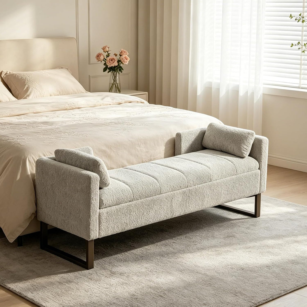 64" W Storage Benches End of Bed Bench, Light Gray