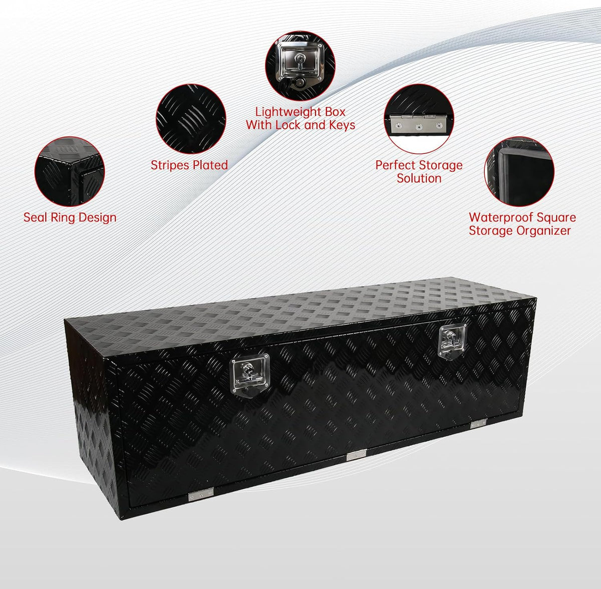 60'' inch aluminum underbody truck box with t-handle showing dimensions