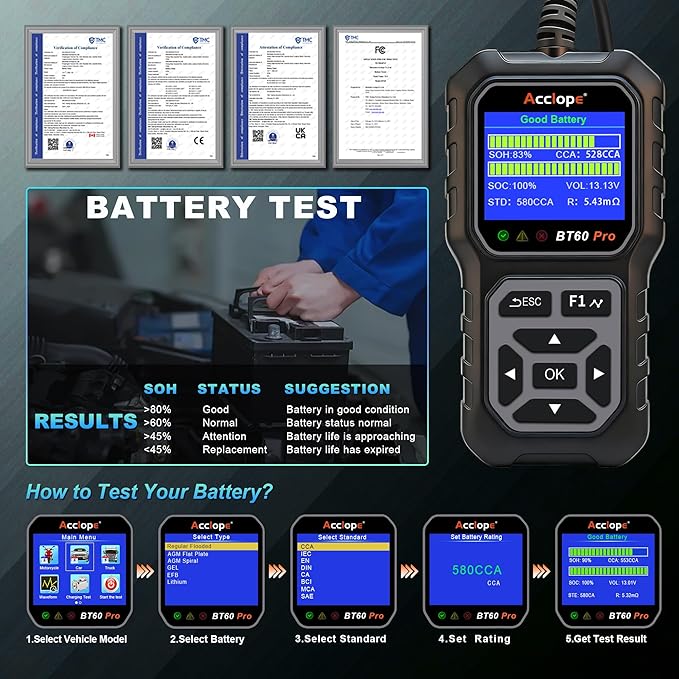 Acclope BT60 Pro Car Battery Tester, Digital Analyzer