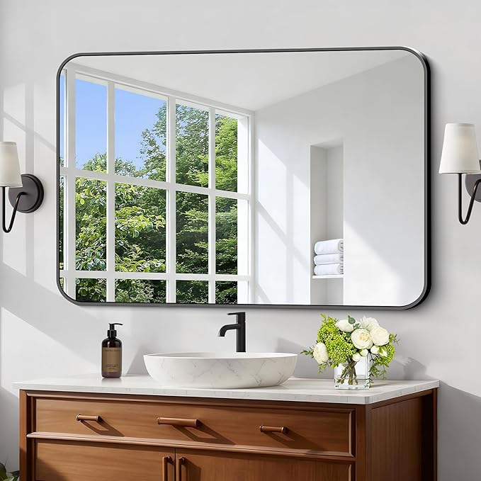 Black Bathroom Mirror, 28x42 inch Aluminum Metal Frame Rectangular Vanity Mirror