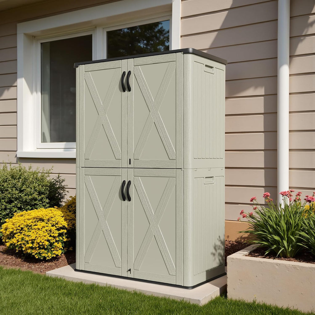 devoko 50 cu ft plastic outdoor storage cabinet showing dimensions