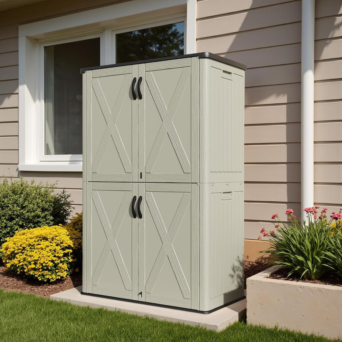 devoko 50 cu ft plastic outdoor storage cabinet showing dimensions