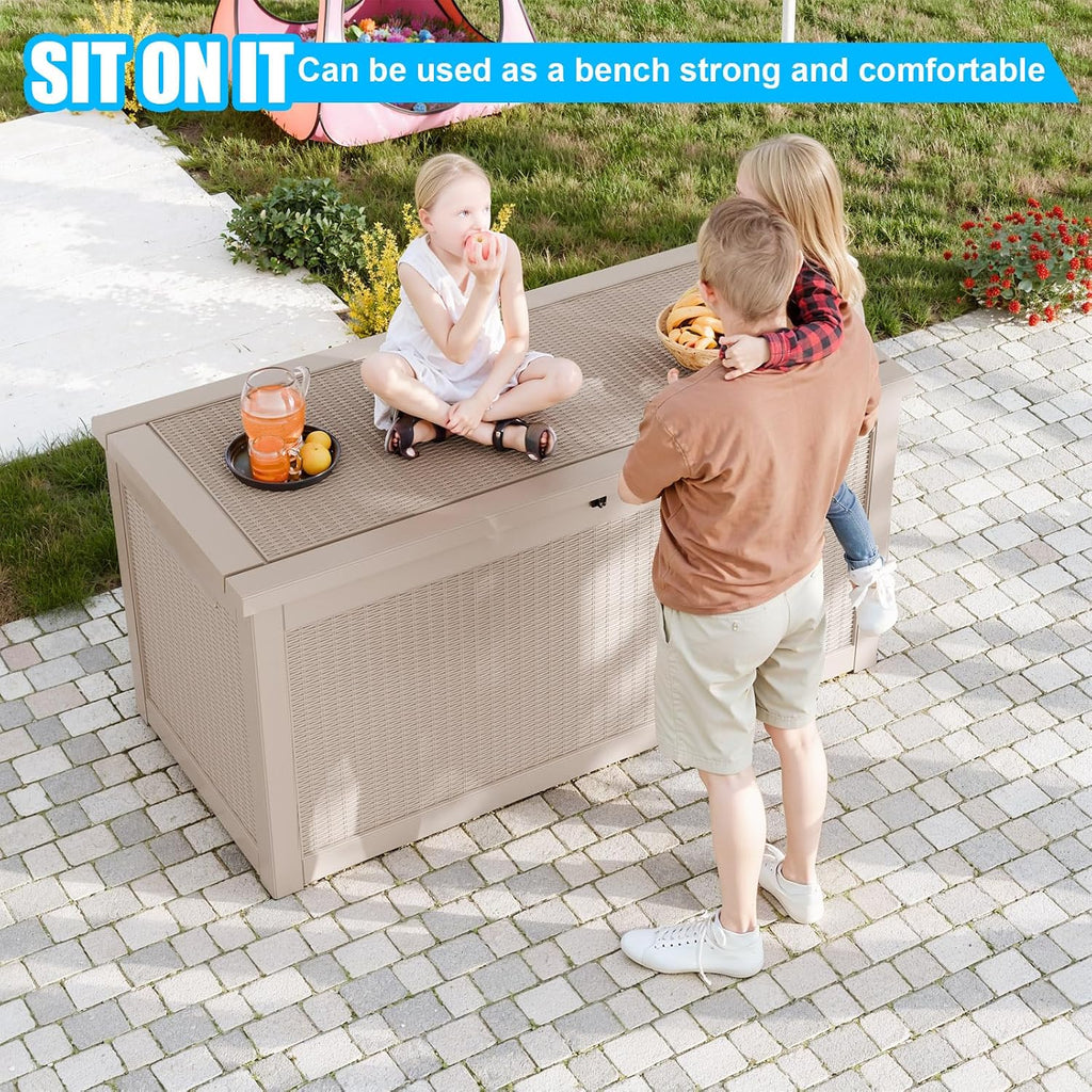 321 gal outdoor storage box lockable waterproof deck shown in use