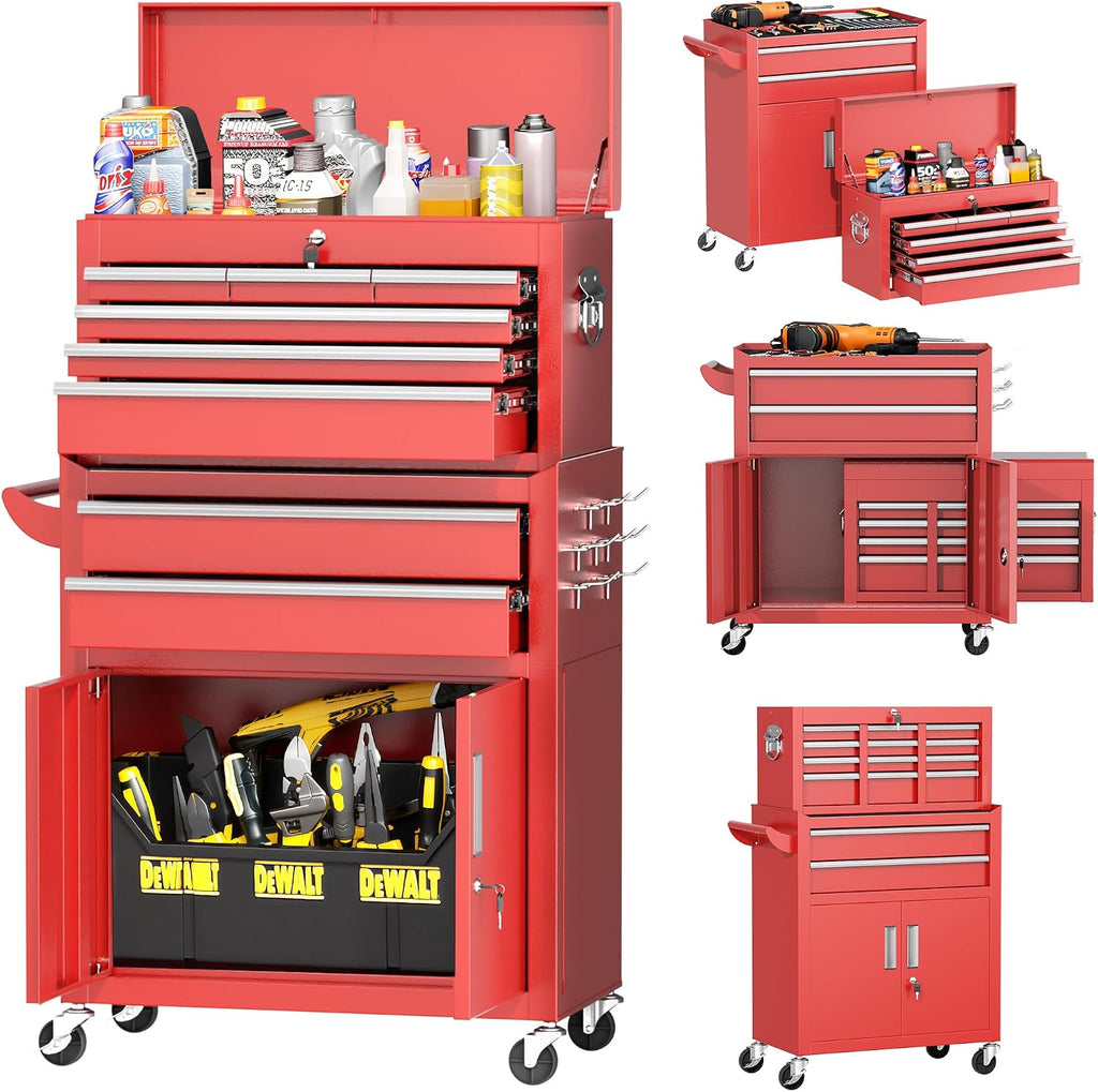 INTERGREAT Tool Chest Cabinet,8-Drawer Rolling Tool Chest with Detachable Top Tool Box, Tool Chests with Universal Lockable Wheels, Metal Tool Cart for Garage, Workshop, Barbershop(Red)