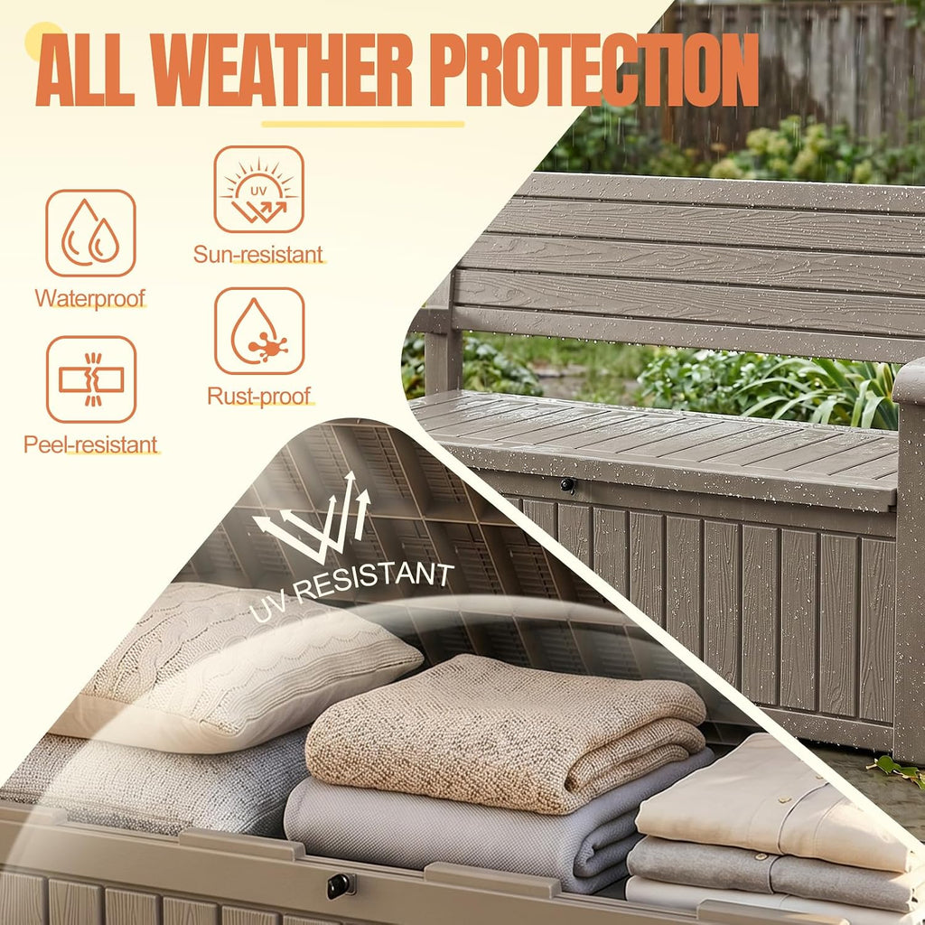 storage bench outdoor deck box, 120 gallon lockable, close-up detail