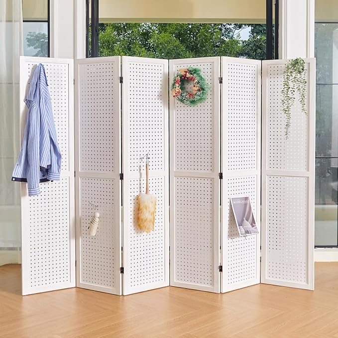 Pegboard Display, 5.6Ft Wooden Room Divider Folding Privacy Screens Portable