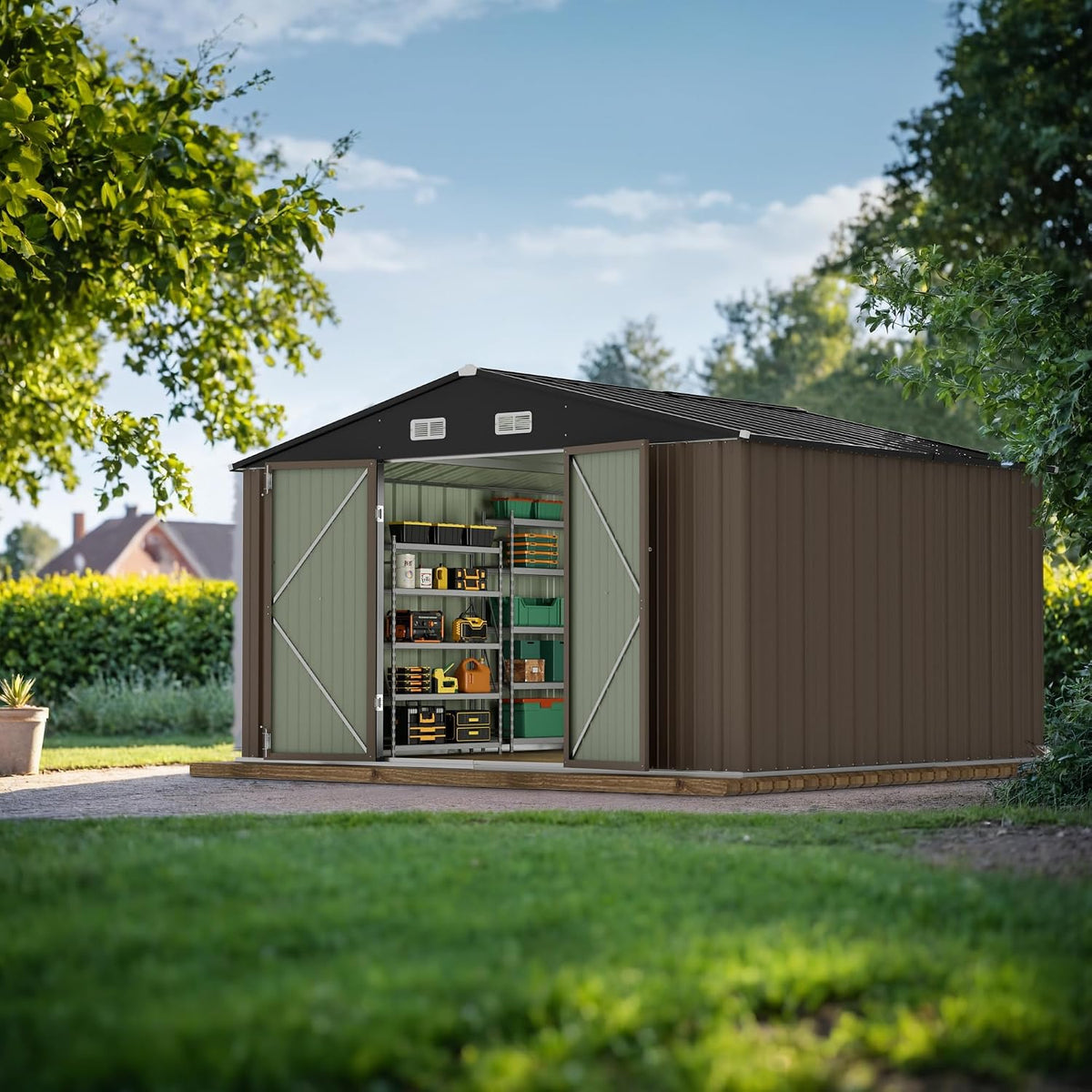 jummico 10 x 8 ft outdoor storage shed shown in use