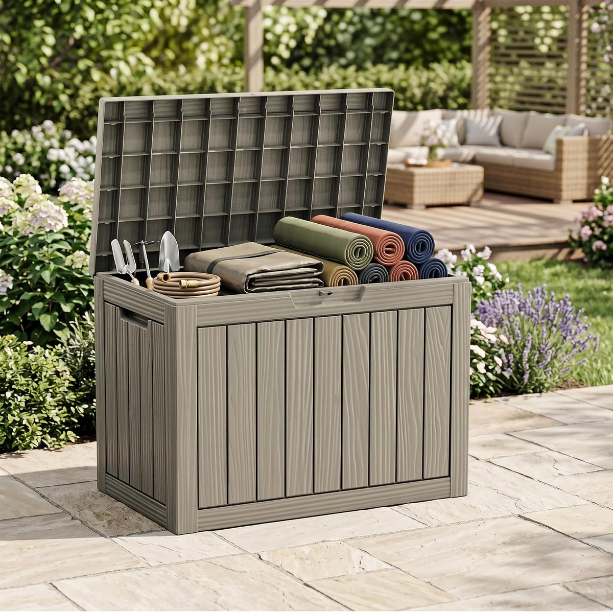 46 Gallon Deck Box for Patio Furniture, Outdoor Storage Container Heavy Duty UV Resistant with Lockable Lid, Large Waterproof Resin Deck Box for Garden Tools & Cushions, 300 lbs Load Capacity