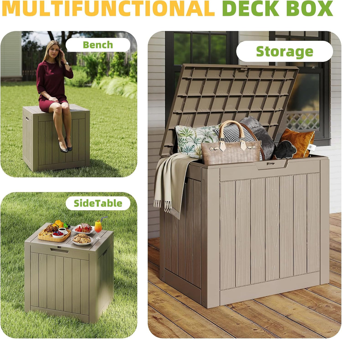 rojik 40 gallon resin deck box, lockable waterproof showing dimensions