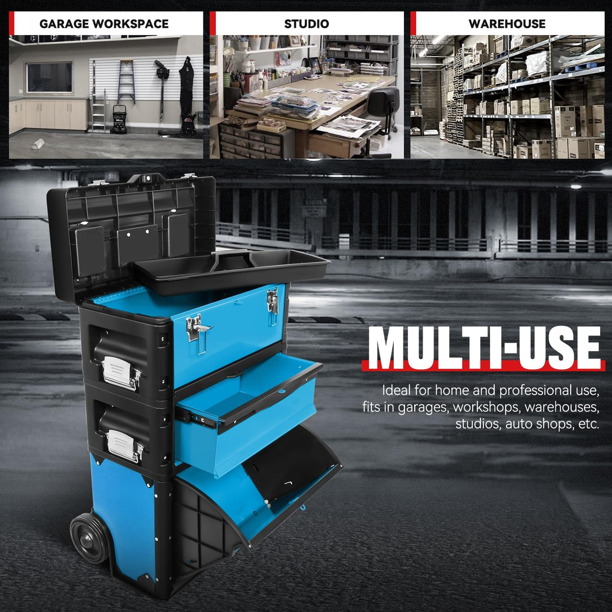 auto dynasty 3-tier rolling trolley tool box stackable showing dimensions
