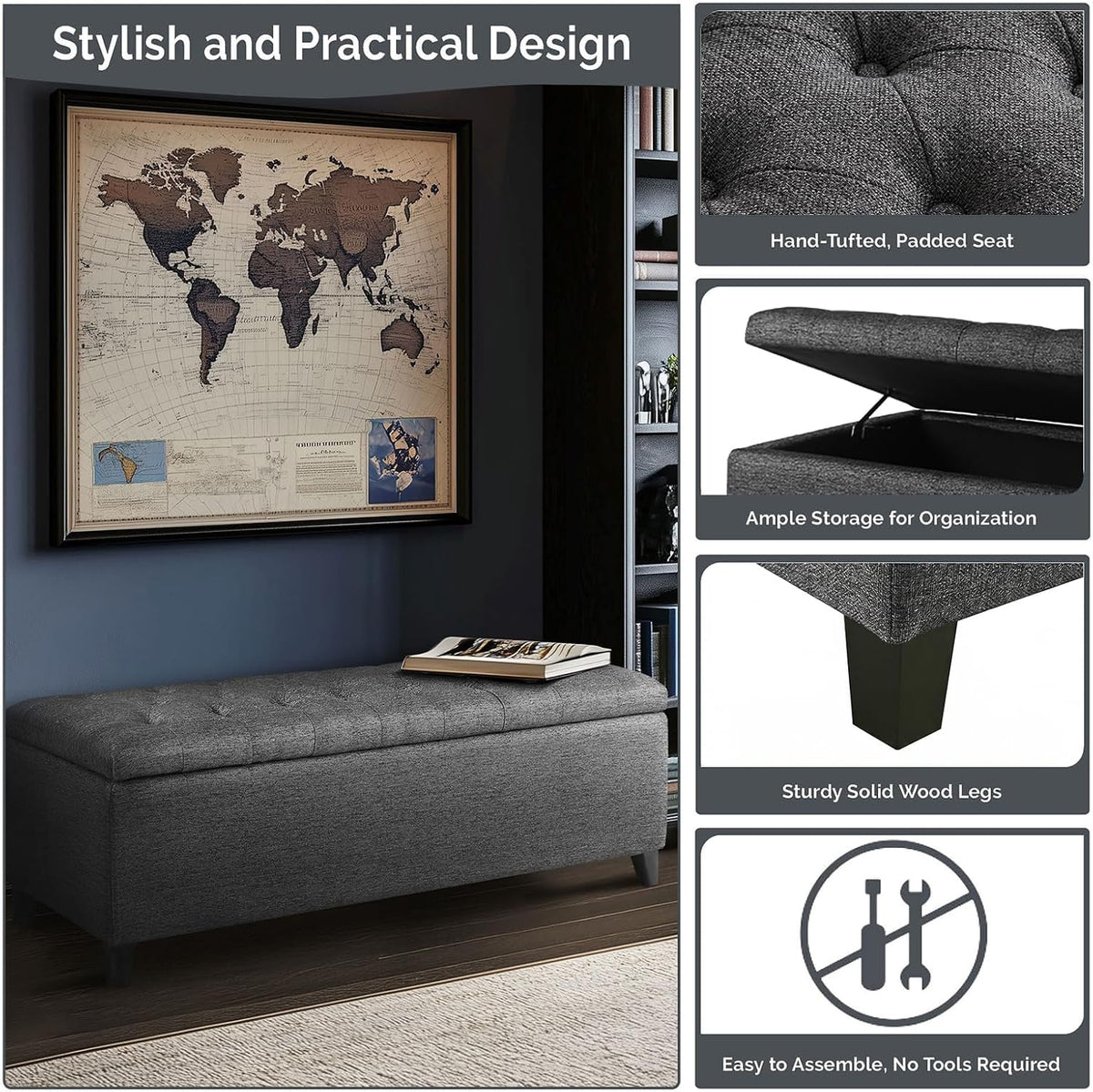 madison park 49" upholstered storage bench, button tufted on a desk or shelf