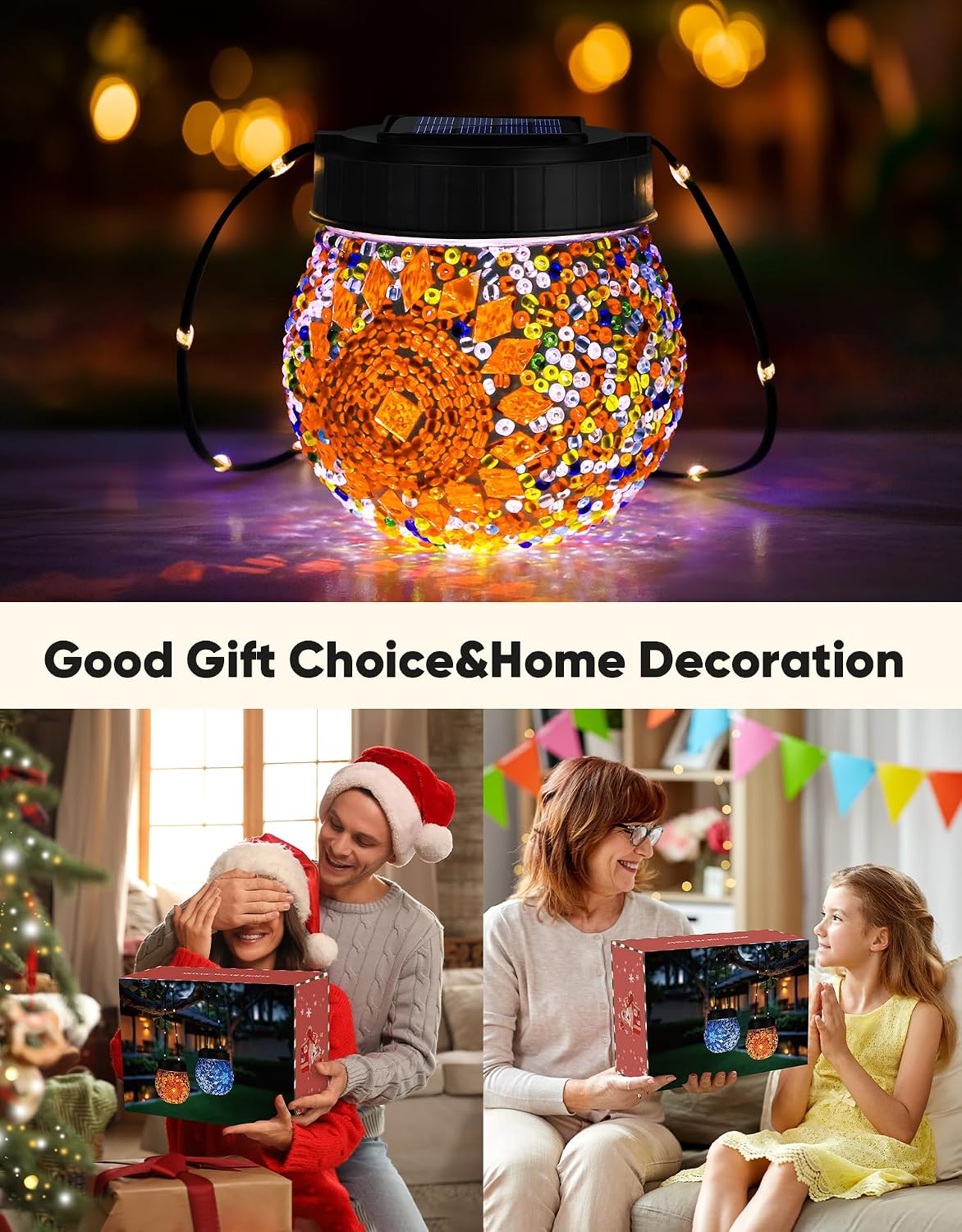 Mosaic Solar Lights Outdoor 6 Pack, Solar Hanging Lanterns Christmas Halloween Gifts for Women Mom Grandma, Waterproof Glass Globe Lights, Garden Patio Decor for Yard, Tree, Balcony, Warm