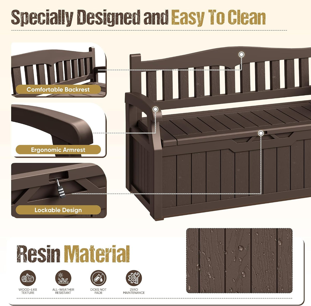 80-gallon outdoor storage bench, waterproof deck box, brown, package contents